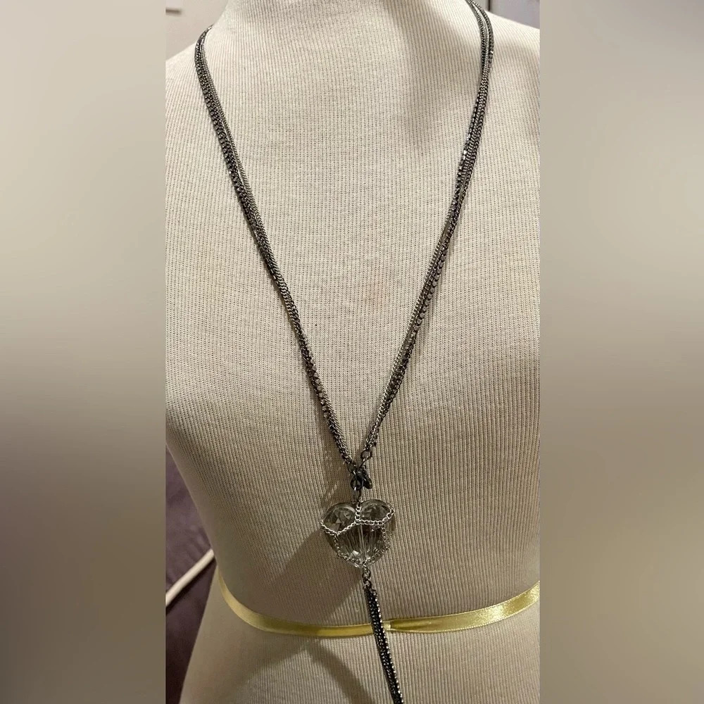 PUFF HEART STATEMENT GLASS CHAINED TRIPLE NECKLACE WITH TASSEL WITH TASSLE